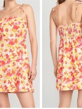 Floral Tie-Shoulder Sundress in Pink & Yellow